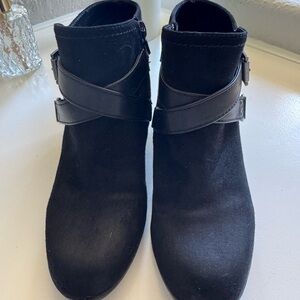 Indigo Black Suede-Look Ankle Booties with Decorative Buckle Straps
